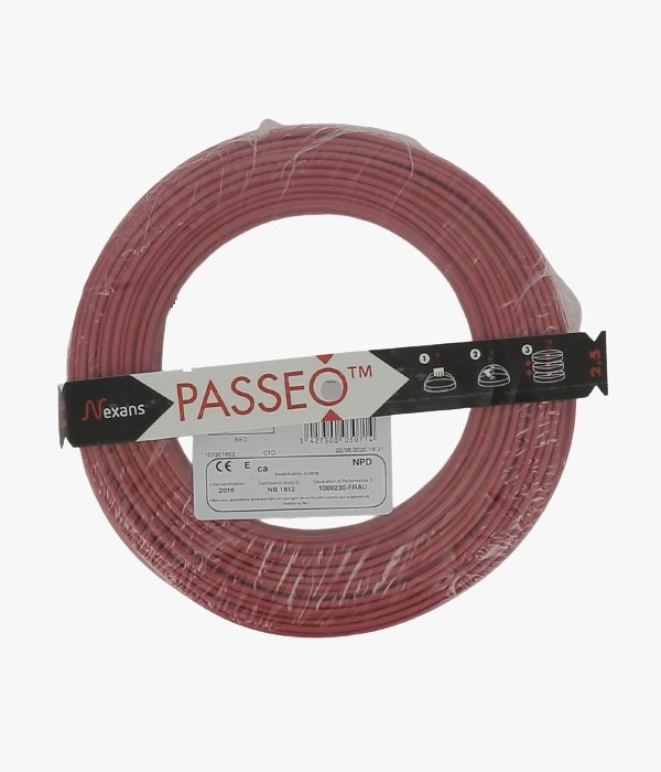 Nexans – Fil Rigide H07V-U Passeo 1×2.5 Rouge – Rouleau de 100 m