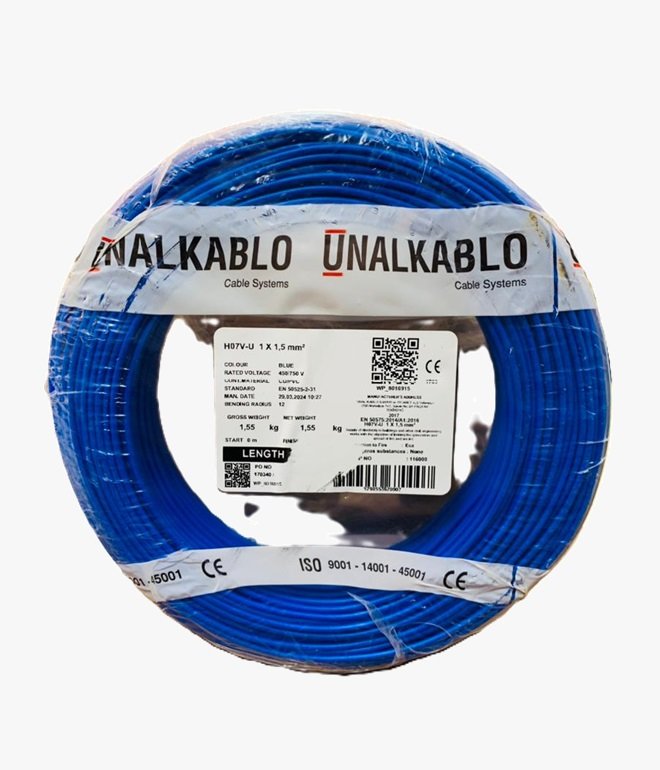 Unalkablo – Fil Rigide H07V-U 1×1.5 Bleu – Rouleau de 100m